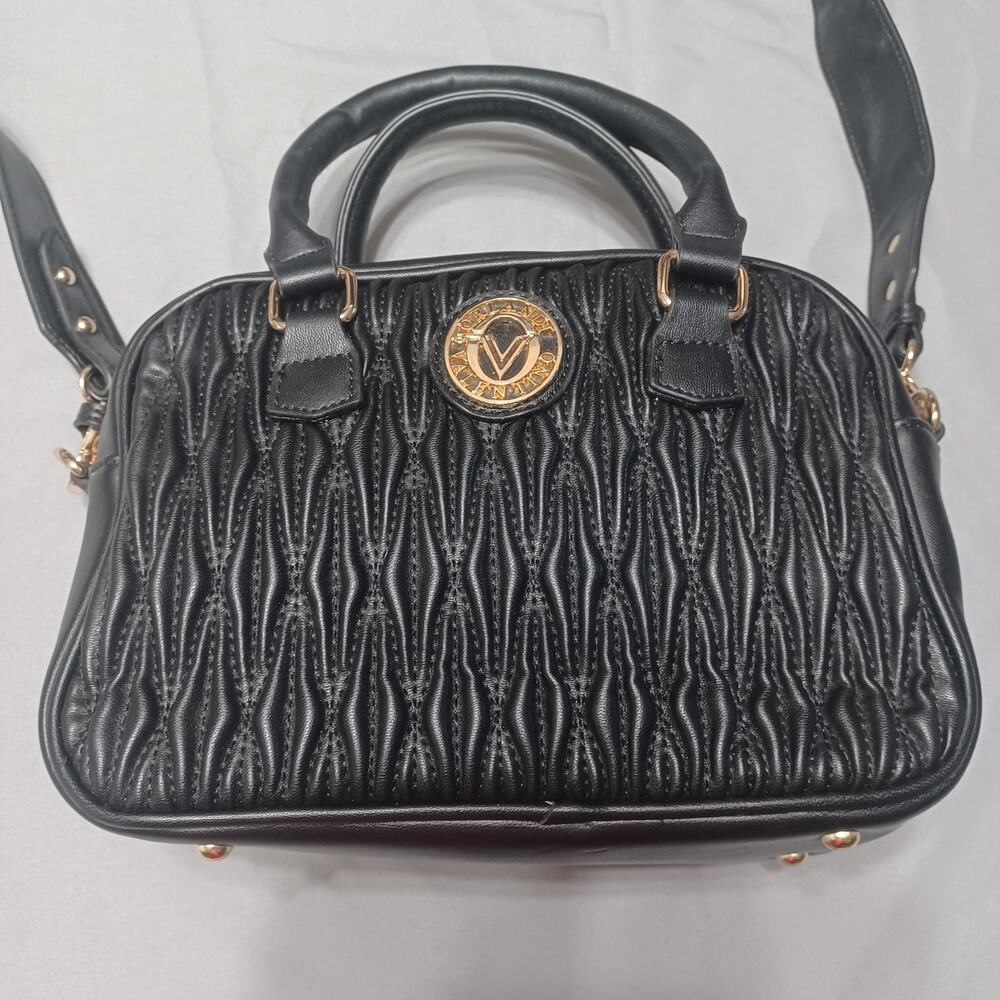 Valentino Orlandi Black Ruched Matelassé Crossbody Satchel Bag Gold Hardware